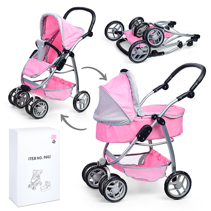 Коляска-трансформер для кукол 9662 металлическая, регулируемая ручка, с корзиной, цвет серо-розовый Коляска-трансформер для кукол 9662 металлическая, регулируемая ручка, с корзиной, цвет серо-розовый