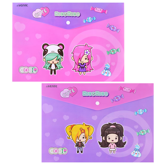 Папка-конверт на кнопке "NicoNico" A4 (335x240 мм) 180 мкм, непрозрачная с рисунком, тис