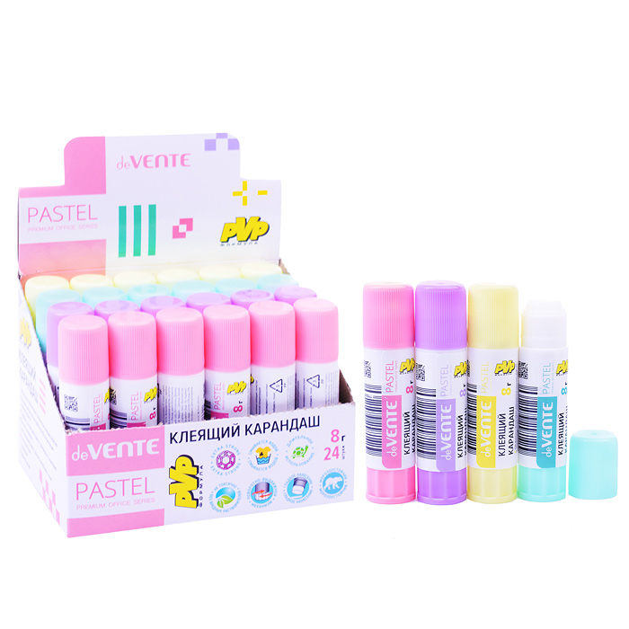 Клеящий карандаш PVP основа "Pastel" 08 г (быстросохнущий) в картонном дисплее с пластиковы Клеящий карандаш PVP основа "Pastel" 08 г (быстросохнущий) в картонном дисплее с пластиковы