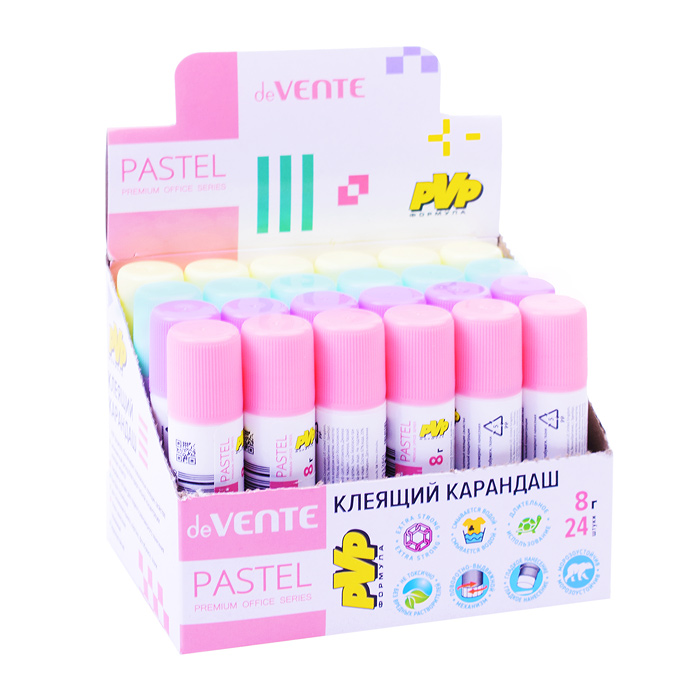 Фото к товару Клеящий карандаш PVP основа "Pastel" 08 г (быстросохнущий) в картонном дисплее с пластиковы Клеящий карандаш PVP основа "Pastel" 08 г (быстросохнущий) в картонном дисплее с пластиковы