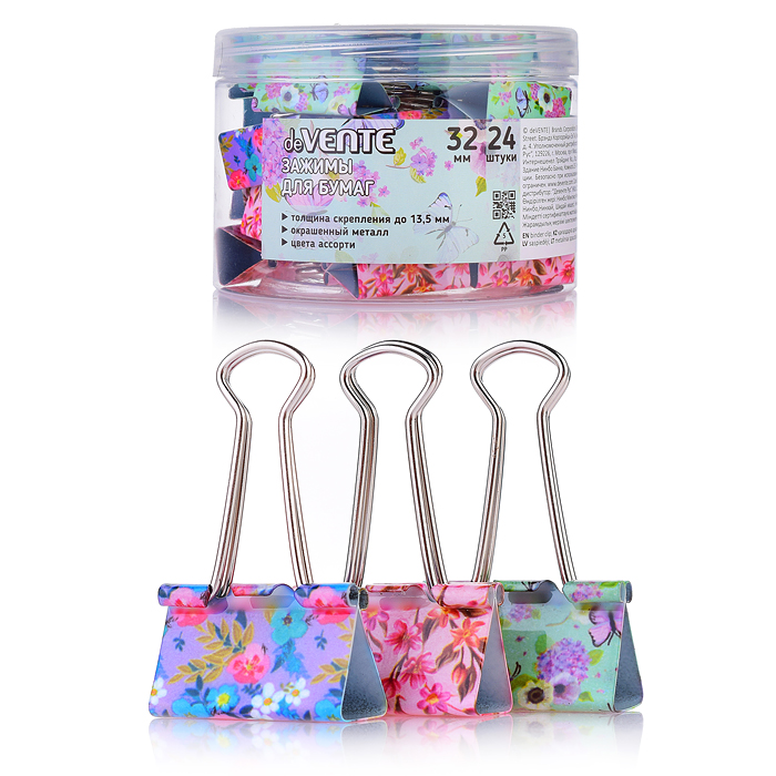 Зажим для бумаг "Flowers" 24 шт металлический (32 мм) толщина скрепления до 13,5 мм, цветной ассо