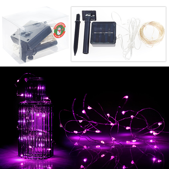 Электрогирлянда светодиодная Роса, 10 м, 100 ламп, Солн.батар., розовый