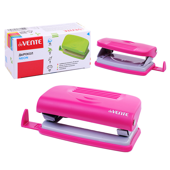 Дырокол "Neon" (10 листов) пластиковый с линейкой, в картонной коробке, неоновый розовый
