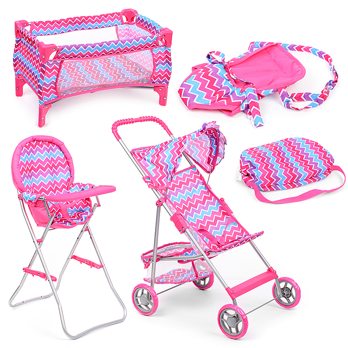 Набор аксессуаров для кукол (стульчик для кормления, коляска, кроватка, сумка), цвет розовый зигзаг Набор аксессуаров для кукол (стульчик для кормления, коляска, кроватка, сумка), цвет розовый зигзаг