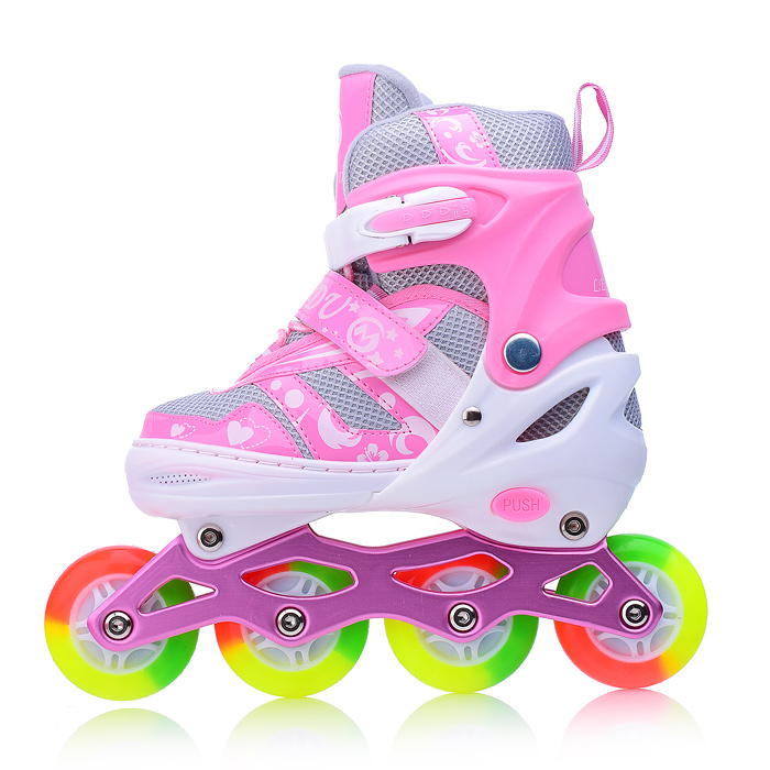 Фото к товару Ролики детские, M с комплектом защиты, цвет розовый с белым, цветные колеса Ролики детские, M с комплектом защиты, цвет розовый с белым, цветные колеса