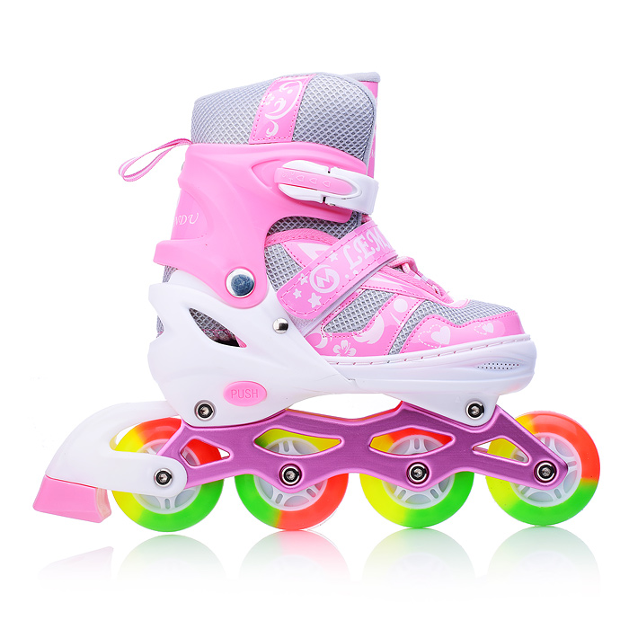 Фото к товару Ролики детские, M с комплектом защиты, цвет розовый с белым, цветные колеса Ролики детские, M с комплектом защиты, цвет розовый с белым, цветные колеса