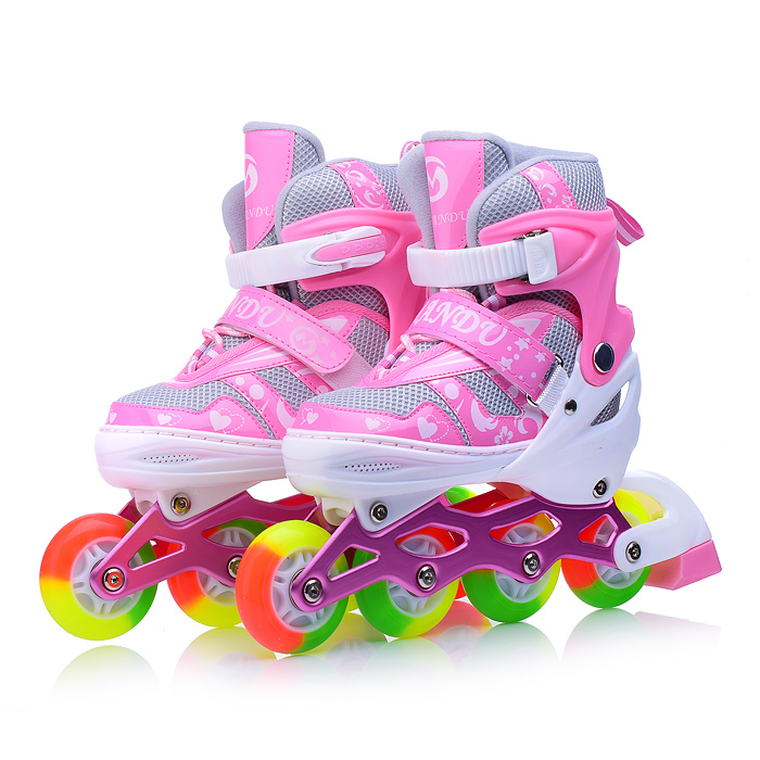 Фото к товару Ролики детские, M с комплектом защиты, цвет розовый с белым, цветные колеса Ролики детские, M с комплектом защиты, цвет розовый с белым, цветные колеса