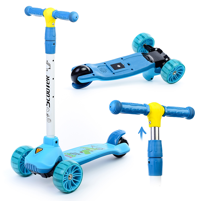 Самокат U038245Y 3-х кол., голубой, светящиеся колёса, PU, ABEC 7, в коробке