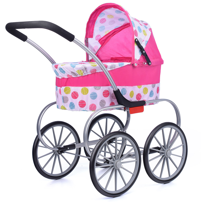Коляска-люлька 9629 для кукол, металлическая, цвет розовые круги