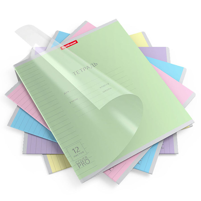 Тетрадь 12л. линия, Классика, CoverPrо, ассорти, с пластиковой обложкой, на скобе
