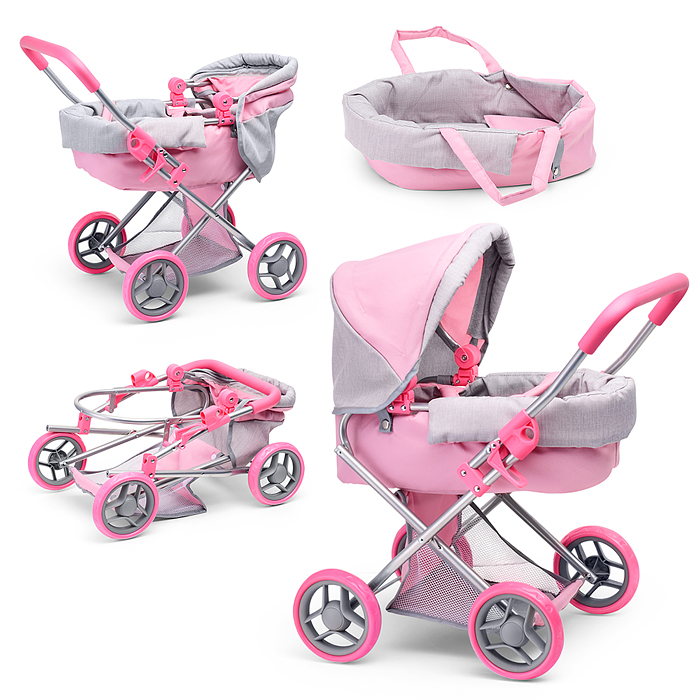 Коляска-люлька 9369 для кукол, металлическая, с корзиной, цвет серо-розовый