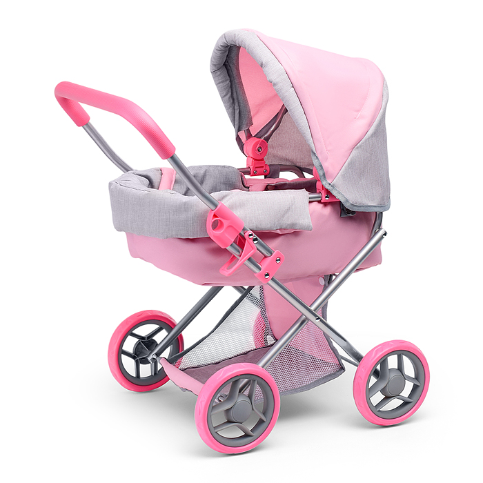 Коляска-люлька 9369 для кукол, металлическая, с корзиной, цвет серо-розовый