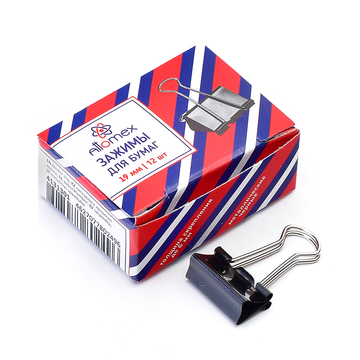 Зажим для бумаг "Attomex" металлический (19 мм) толщина скрепления до 6 мм, черный, 12 шт в картонно