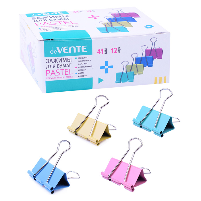 Зажим для бумаг "Pastel" металлический (41 мм) толщина скрепления до 17 мм, цветной ассорти