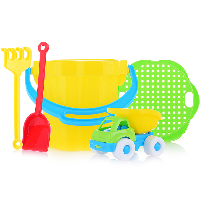 Фото к товару Песочный набор №106 (ведро 0,3 л, сито, совок, грабли, машинка "Бублик") Песочный набор №106 (ведро 0,3 л, сито, совок, грабли, машинка "Бублик")