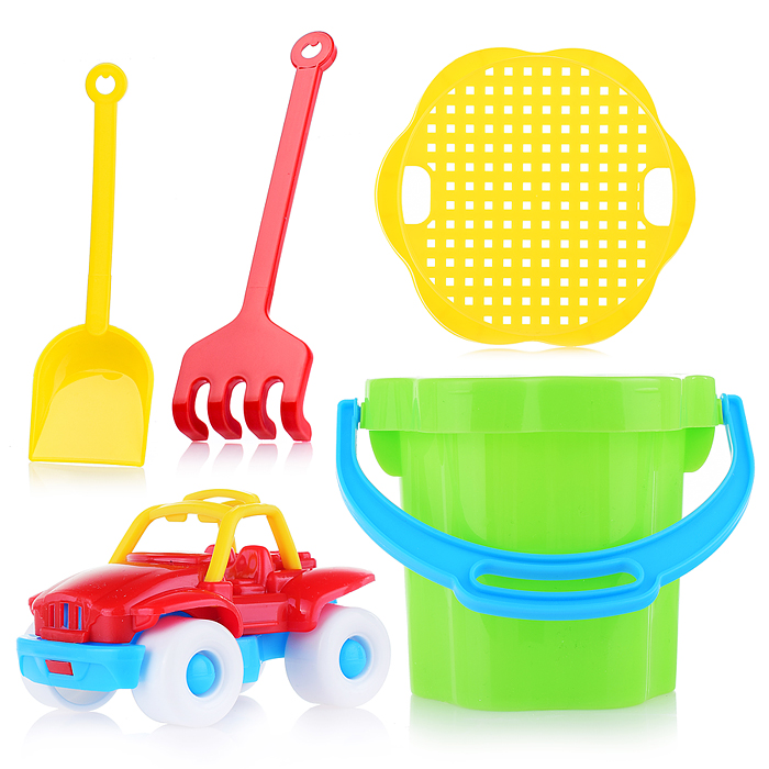 Фото к товару Песочный набор №106 (ведро 0,3 л, сито, совок, грабли, машинка "Бублик") Песочный набор №106 (ведро 0,3 л, сито, совок, грабли, машинка "Бублик")