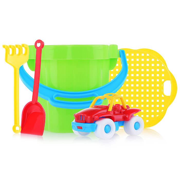 Фото к товару Песочный набор №106 (ведро 0,3 л, сито, совок, грабли, машинка "Бублик") Песочный набор №106 (ведро 0,3 л, сито, совок, грабли, машинка "Бублик")