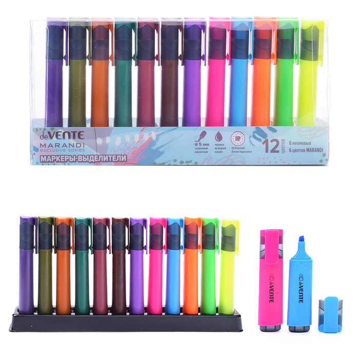 Набор маркеров-выделителей (12 цветов - 6 неоновых и 6 цветов Marandi) плоский корпус, ско