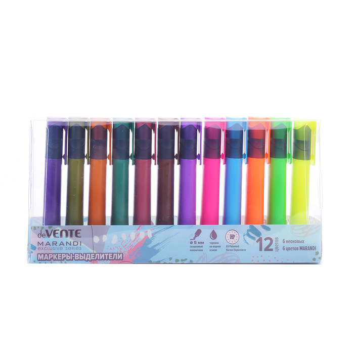 Фото к товару Набор маркеров-выделителей (12 цветов - 6 неоновых и 6 цветов Marandi) плоский корпус, ско Набор маркеров-выделителей (12 цветов - 6 неоновых и 6 цветов Marandi) плоский корпус, ско