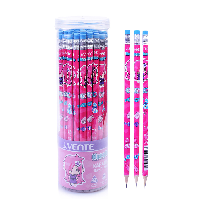 Карандаш чернографитный "NicoNico" HB, диаметр грифеля 2 мм, трёхгранный розовый корпус 