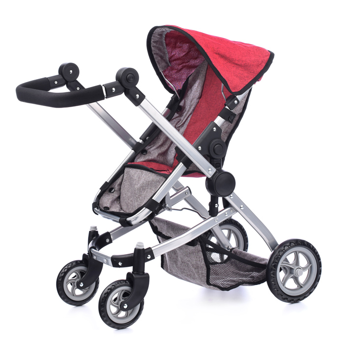 Коляска для кукол 9651C прогулочная, металлическая, цвет бордово-серый