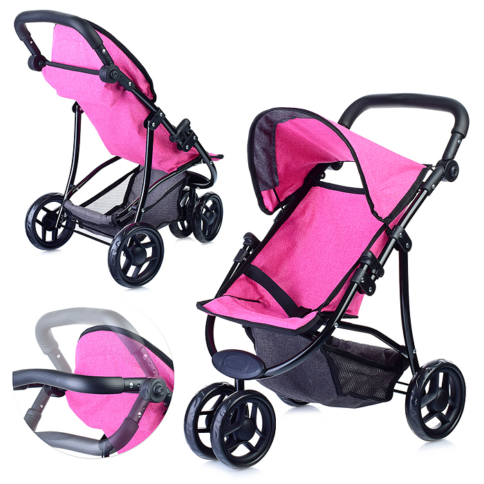 Коляска для кукол 9671,3-колесная, металлическая,прогулочная, с тентом, с корзиной,цвет ярко-розовый