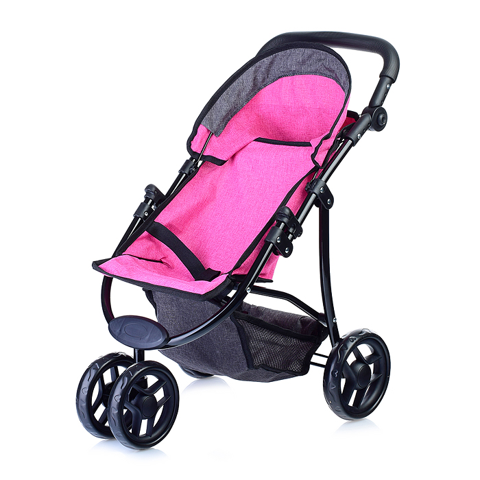 Коляска для кукол 9671,3-колесная, металлическая,прогулочная, с тентом, с корзиной,цвет ярко-розовый