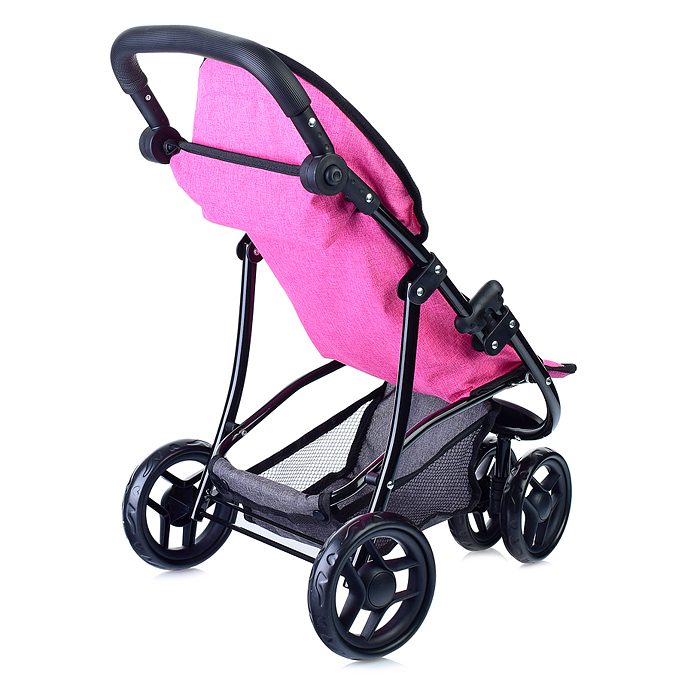 Коляска для кукол 9671,3-колесная, металлическая,прогулочная, с тентом, с корзиной,цвет ярко-розовый