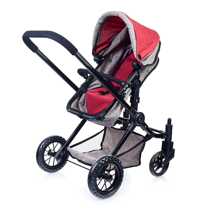 Коляска-трансформер 9622 для кукол, металлическая, с корзиной, цвет красно-серый