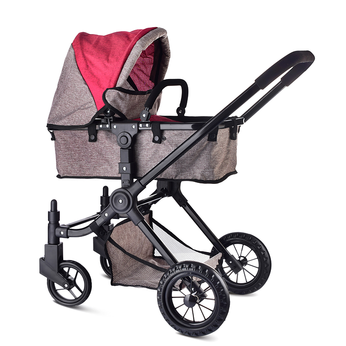 Коляска-трансформер 9622 для кукол, металлическая, с корзиной, цвет красно-серый