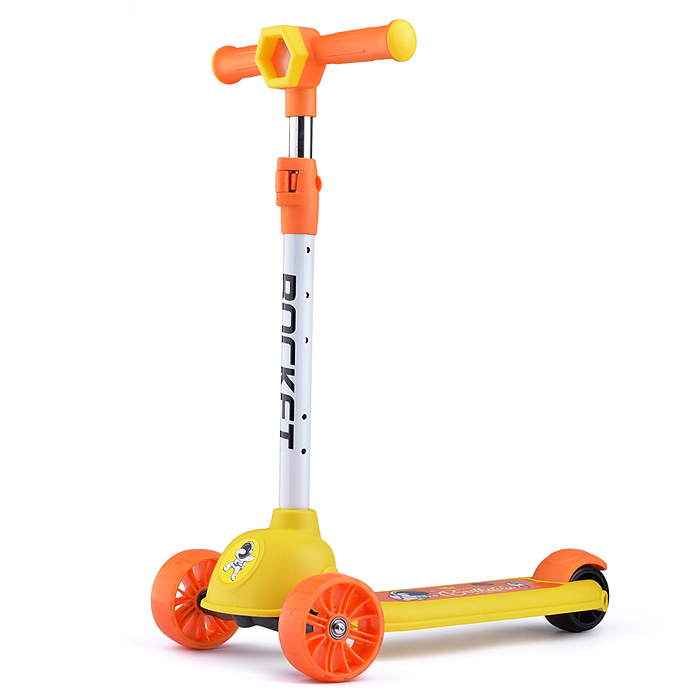 Фото к товару Самокат трёхколёсный ROCKET колёса световые PU, цвет желтый Самокат трёхколёсный ROCKET колёса световые PU, цвет желтый