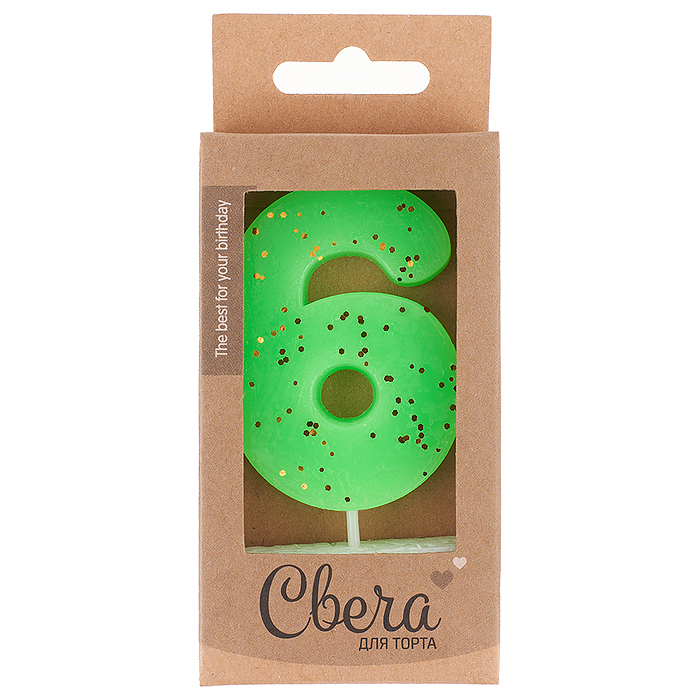 Свеча Цифра, 6 ЭКО, Неон, Зеленый, с блестками, 4*6 + 3 см, 1 шт. с держателем