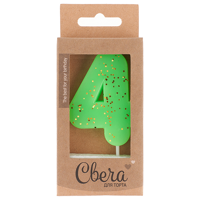 Свеча Цифра, 4 ЭКО, Неон, Зеленый, с блестками, 4*6 + 3 см, 1 шт. с держат. Свеча Цифра, 4 ЭКО, Неон, Зеленый, с блестками, 4*6 + 3 см, 1 шт. с держат.