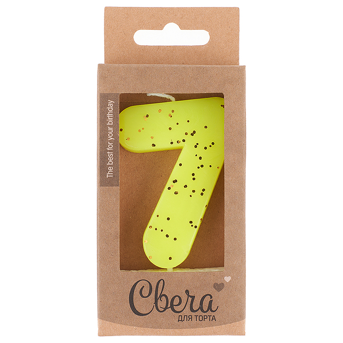 Свеча Цифра, 7 ЭКО, Неон, Желтый, с блестками, 4*6 + 3 см, 1 шт. с держат. Свеча Цифра, 7 ЭКО, Неон, Желтый, с блестками, 4*6 + 3 см, 1 шт. с держат.