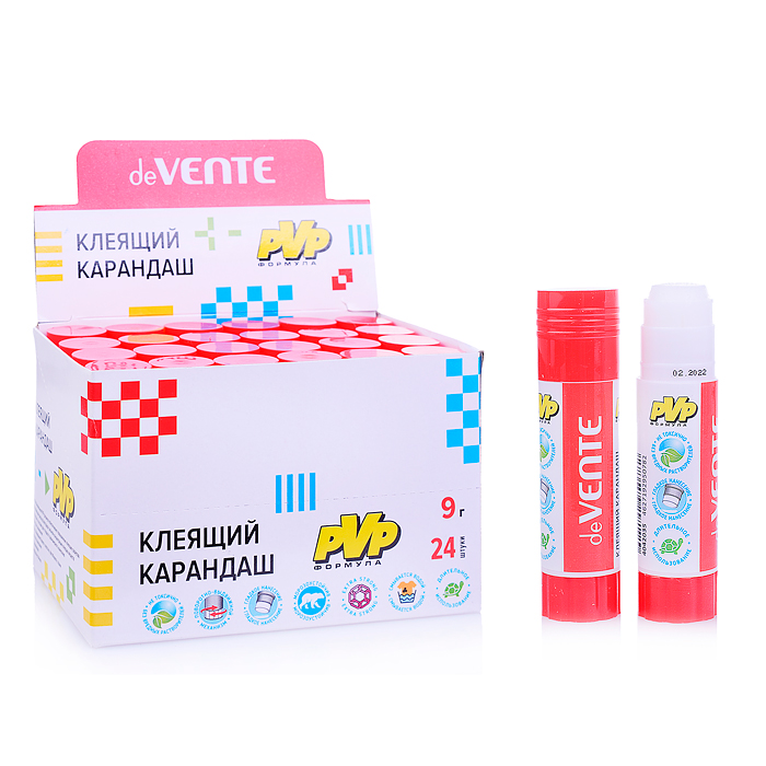 Клеящий карандаш PVP основа, 09 г, (быстросохнущий) в картонном дисплее, с пластиковым поддон Клеящий карандаш PVP основа, 09 г, (быстросохнущий) в картонном дисплее, с пластиковым поддон