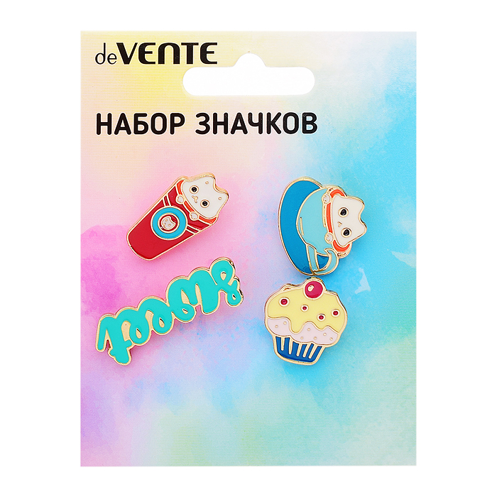 Фото к товару Набор значков "Sweetie!" эмалированные, размер изделий: кот 2,2x1,9 см, кот в чашке 1,2x2,4 Набор значков "Sweetie!" эмалированные, размер изделий: кот 2,2x1,9 см, кот в чашке 1,2x2,4
