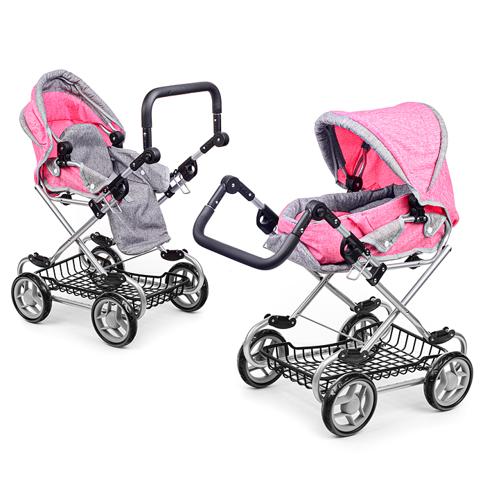 Коляска зима-лето 9346W для кукол, металл. с сумкой-переноской, с корзиной, цвет серо-розовый