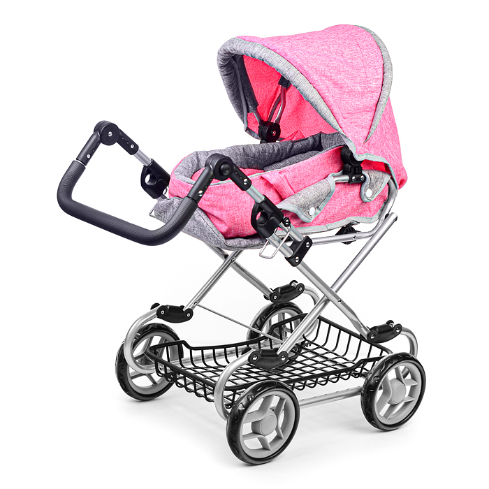 Коляска зима-лето 9346W для кукол, металл. с сумкой-переноской, с корзиной, цвет серо-розовый