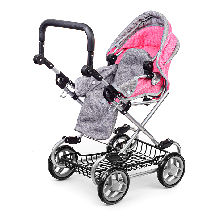 Коляска зима-лето 9346W для кукол, металл. с сумкой-переноской, с корзиной, цвет серо-розовый