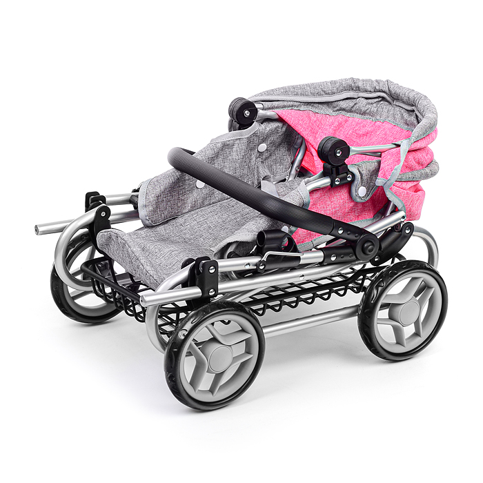 Коляска зима-лето 9346W для кукол, металл. с сумкой-переноской, с корзиной, цвет серо-розовый