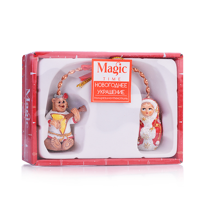 Новогоднее подвесное украшение Медведь и матрешка из полирезины / 3х9х9см
