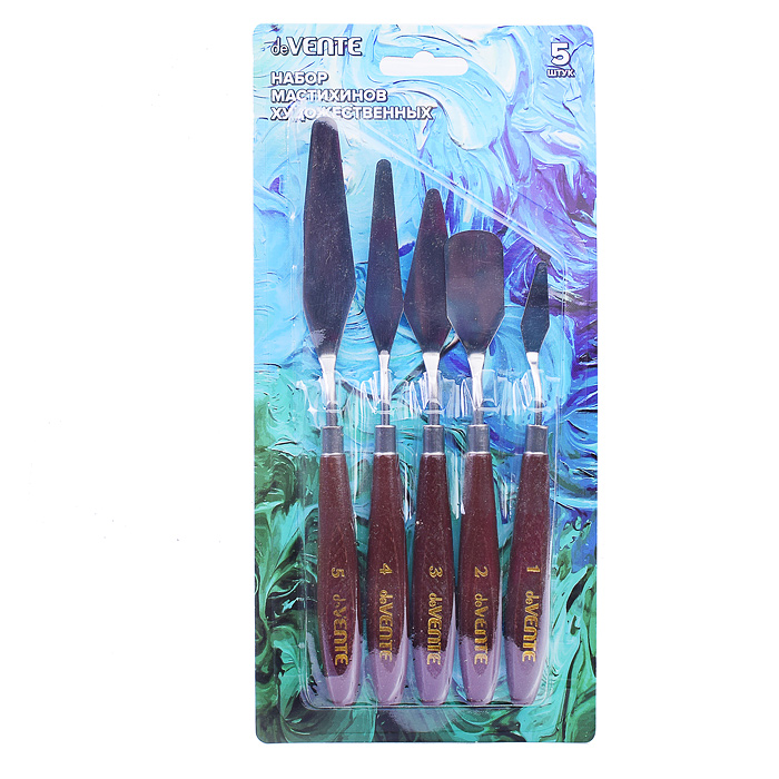 Набор мастихинов 5 шт, форма рабочей части ассорти, с деревянными ручками.