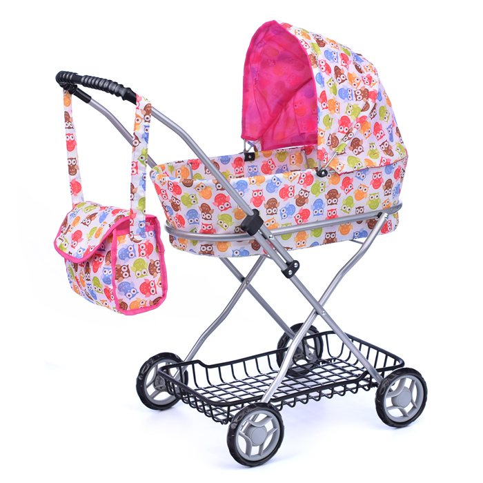 Коляска для кукол 9325, металлическая, складная, прогулочная с капюшоном, с сумкой и корзиной , цвет