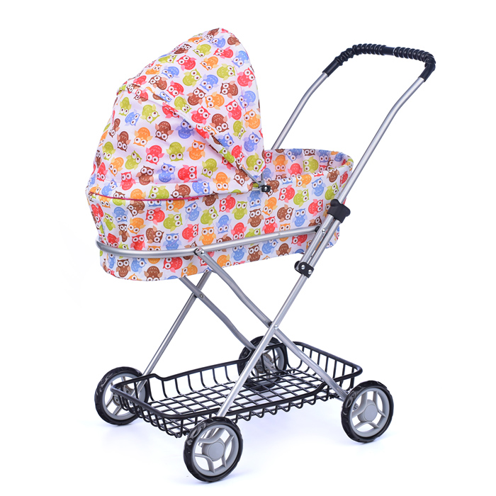 Коляска для кукол 9325, металлическая, складная, прогулочная с капюшоном, с сумкой и корзиной , цвет