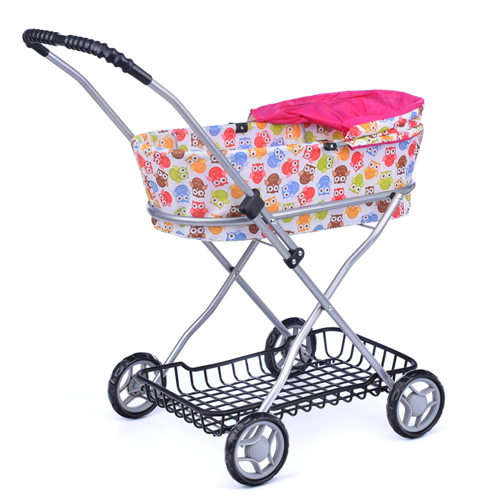 Коляска для кукол 9325, металлическая, складная, прогулочная с капюшоном, с сумкой и корзиной , цвет