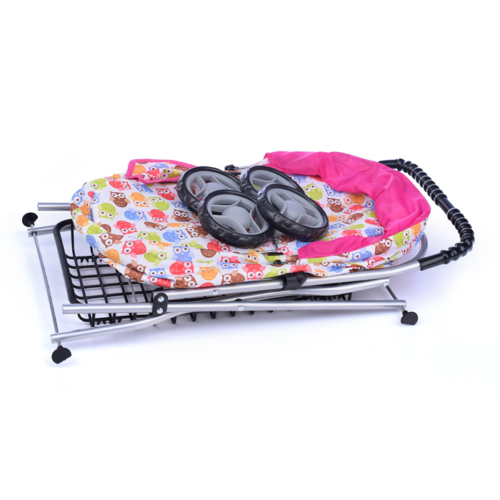 Коляска для кукол 9325, металлическая, складная, прогулочная с капюшоном, с сумкой и корзиной , цвет