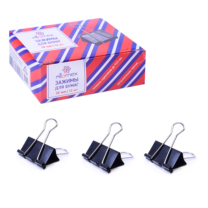 Зажим для бумаг "Attomex" металлический (32 мм) толщина скрепления до 13,5 мм, черный, 12 шт в карто