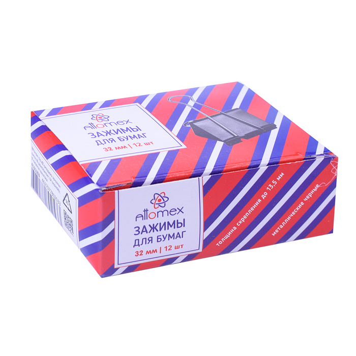 Зажим для бумаг "Attomex" металлический (32 мм) толщина скрепления до 13,5 мм, черный, 12 шт в карто