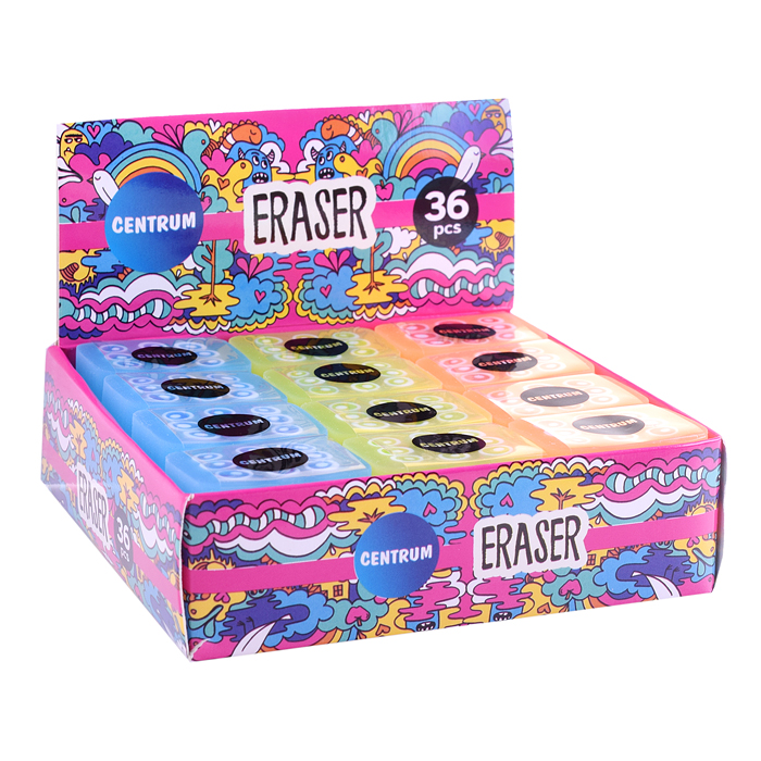 Ластик (синтетический каучук) 36*25*11 мм, цвета в ассортименте, в индивидуальной упаковке, в диспле