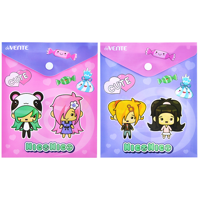 Папка-конверт на кнопке "NicoNico" A6 (140x170мм) 180 мкм, непрозрачная с рисунком, тисн